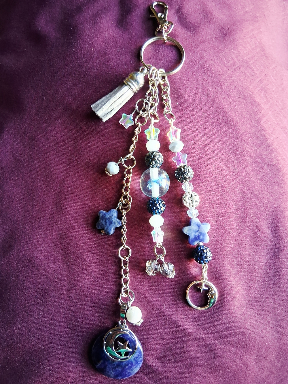 Blue Moon Pendant Beaded W/ Stars & Tassel Keychain "Beautiful Night"